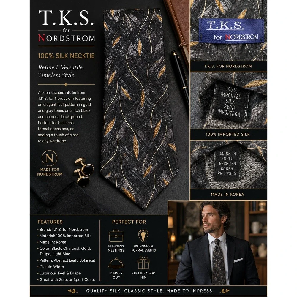 T.K.S. for Nordstrom Men's 100% Silk Tie Black Gray Gold Abstract Made in Korea